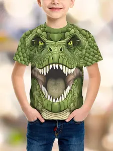 Boys Dinosaur Print Short Sleeve T-Shirt, Tyrannosaurus Rex Colorblock, Summer Outdoor Play, Party, Casual Wear, All Seasons