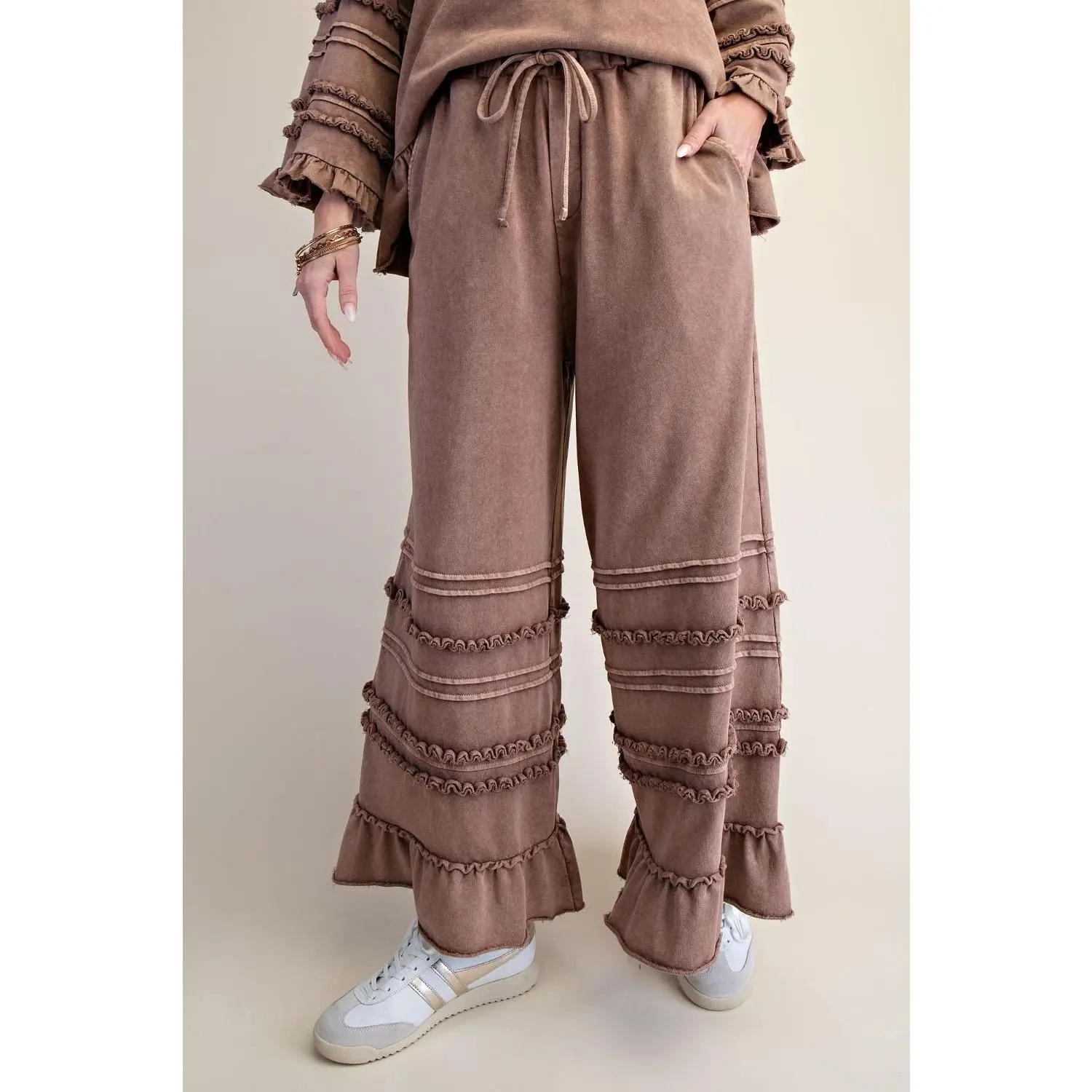 Easel Washed Terry Tiered Ruffle Wide Leg Pants