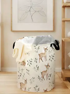 Durable Deer Print Laundry Basket with Handle, Foldable Large Capacity Storage Bin for Clothes & Toys, Casual Home Organizer