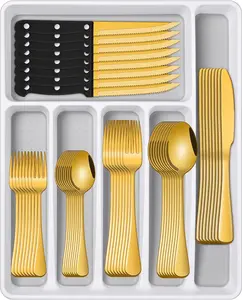 48pcs  Golden Silverware Set With Organizer  Service For 8,  Stainless Steel Flatware Set, Mirror Polished Dining Kitchen Accessories, Home Kitchen Party Eating Tableware Set, Include Fork Knife Spoon Set, Dishwasher Safe