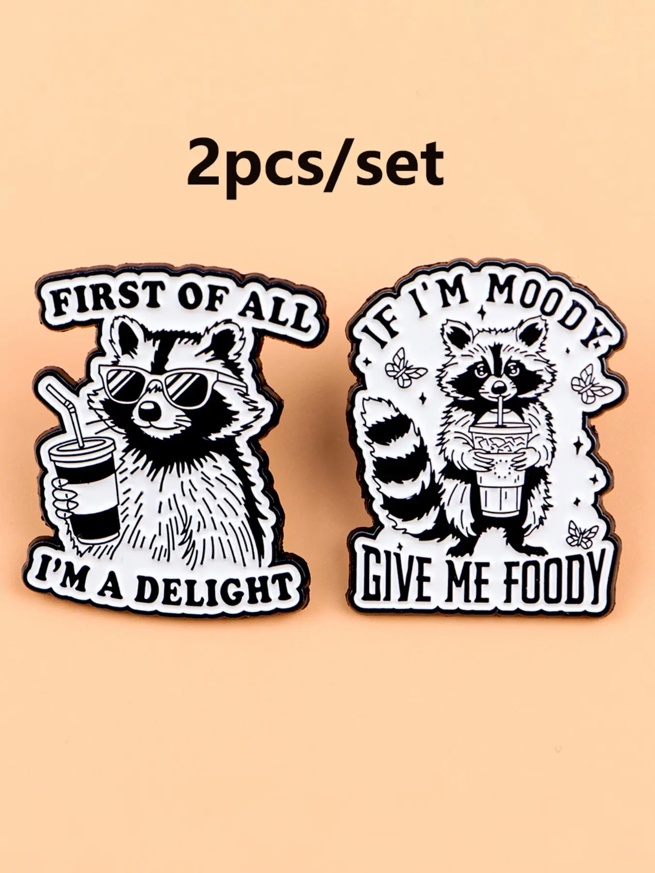 2pcs/set Cute Raccoon Cartoon Animal Lapel Brooch Pin Clip , "If I'm moody,give me foody" Badge ,Butterfly, Unisex Fashion Accessory for Hats Bags Jackets, Party Gift Idea, Durable Metal Pins