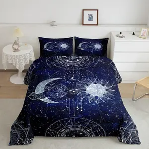 Feelyou Decorative Bedding Set - Sun and Moon Astrology Space Galaxy Designer Comforter, Blue Lightweight Breathable Quilt, Duvet Collection