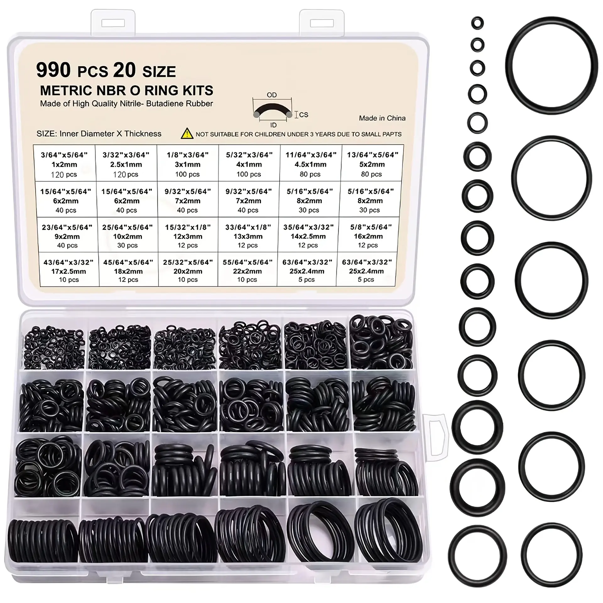 990pcs Synthetic Rubber O-Ring Kit with 20 Sizes, Round Cross-Section Heavy-Duty Heat-Resistant Oil-Proof Sealing Gaskets for High-Pressure Cleaners, Pipe Hardware