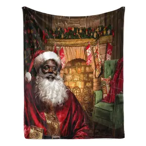 Black Santa Claus Throw Blanket Afro African American Winter Xmas Holiday Merry Christmas Cozy Warm Lightweight Soft Fuzzy Flannel Fleece for Couch Sofa 60*80inch