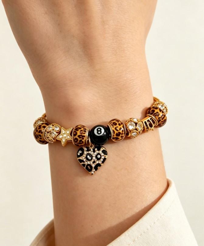 Leopard Print Beaded Charm Bracelet, Gold Snake Chain Bracelet with Black 8 Ball & Crystal Leopard Heart Pendant, Y2K Trendy Jewelry for Women