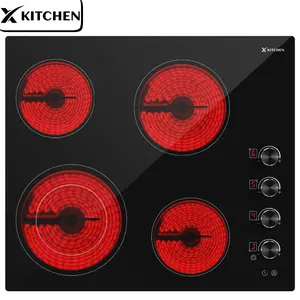 X-Kitchen Electric Cooktop 24 inch Ceramic Stove 4 Burners 220-240V Knob Control Child Lock 9 Power Levels Timer in Black