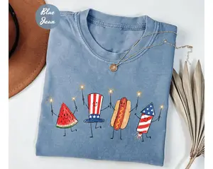 Patriotic Doodle T-Shirt, Cute Fourth of July Shirt, Watermelon Hotdog Firework T-Shirt, Retro American Tee, Funny Sumer 250th Shirt, Unisex Graphic Top Streetwear