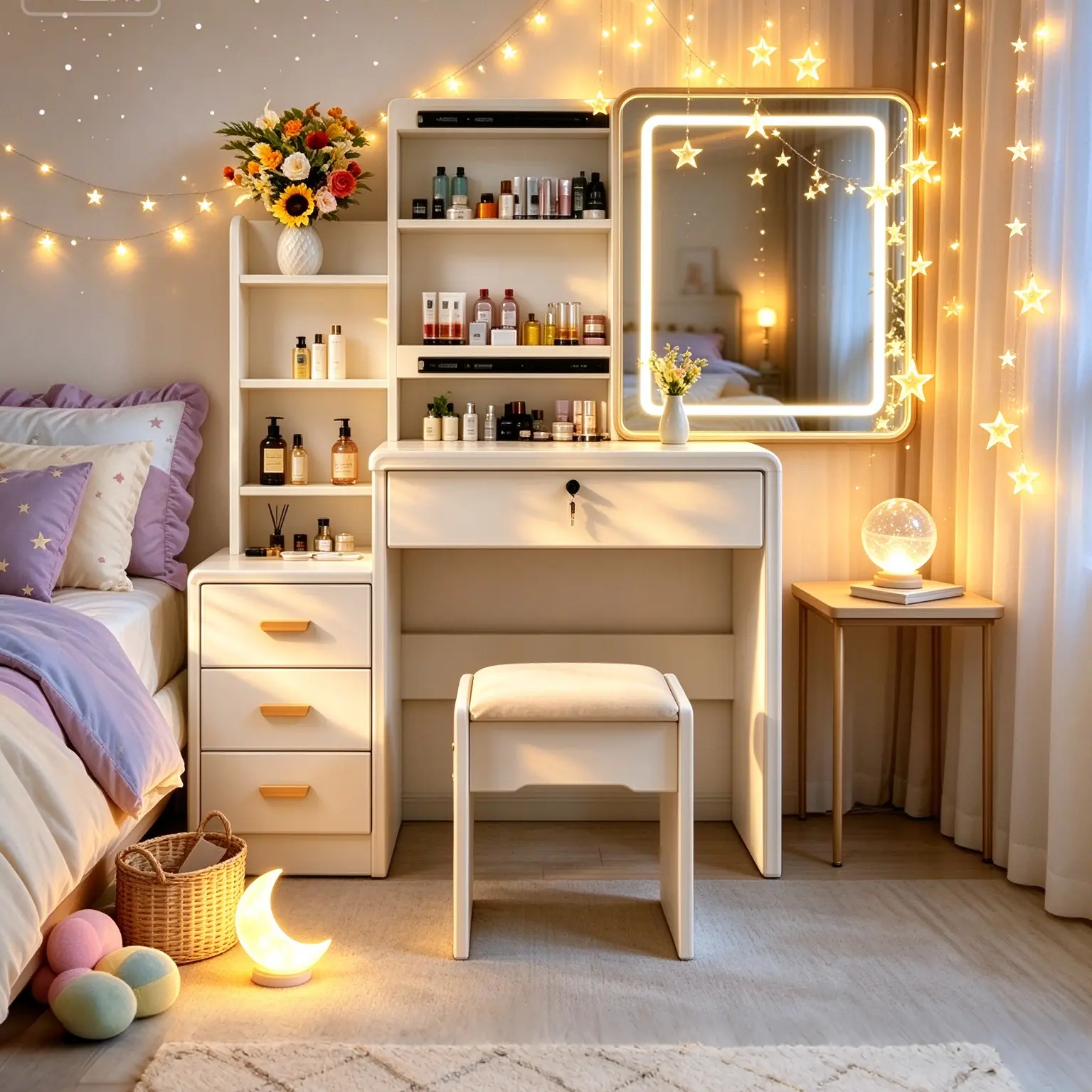 Modern vanity includes LED-lit mirror; white bedroom makeup table with drawer storage; suitable for various settings including bedrooms, living rooms, and dorms.