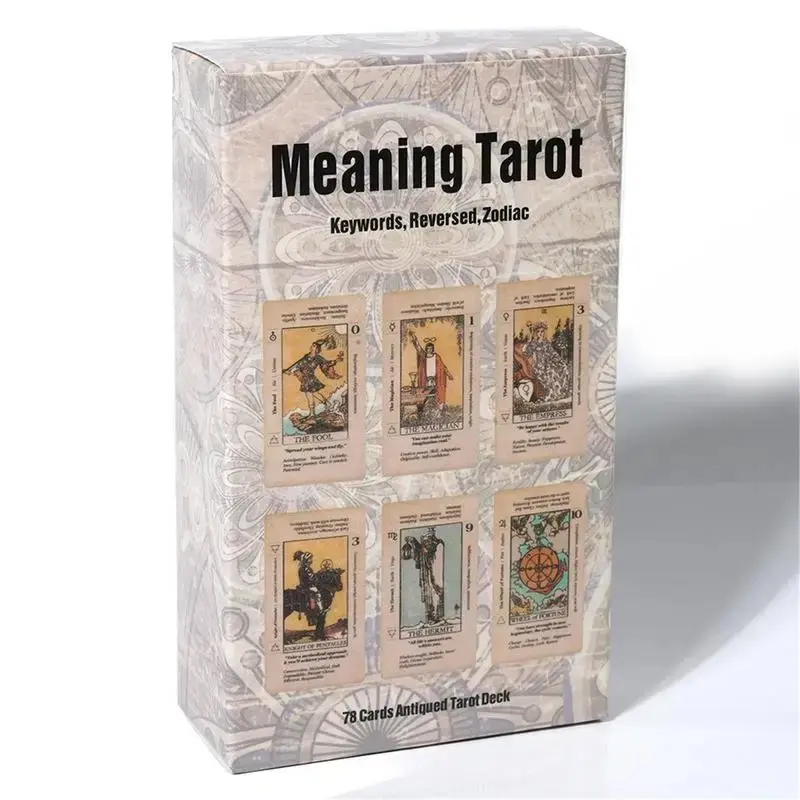 Antiqued Tarot Deck for Beginners, 78 Cards with Printed Meanings Including Reversed Interpretations, Fortune Telling Toy
