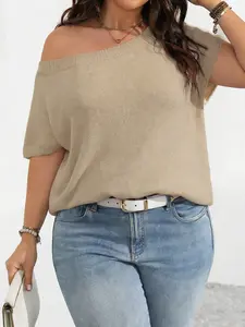 Plus Size Women's New Asymmetrical Shoulder Casual Comfortable Daily Personality Sweater, Short Sleeve Loose Fit Knit T-Shirt, Spring Summer Fall