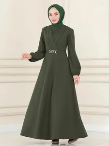 Women's Elegant Long Sleeve Round Neck Loose-Fit Woven Dress, All Season Fashionable Plain Color Casual Wear, Comfortable Moderate Fabric