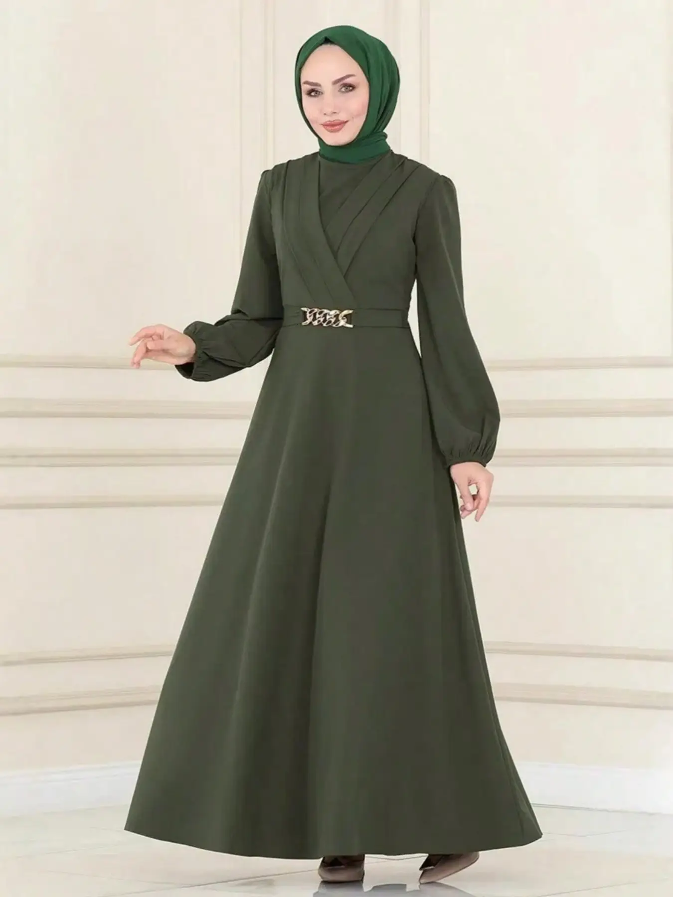 Women's Elegant Long Sleeve Round Neck Loose-Fit Woven Dress, All Season Fashionable Plain Color Casual Wear, Comfortable Moderate Fabric