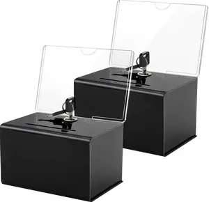 MaxGear Acrylic Donation Suggestion Box with Lock 2 Pack, Secure and Safe Tip Jars, Black Drawing Box for Business Cards 6.25" x 4.5" x 4"