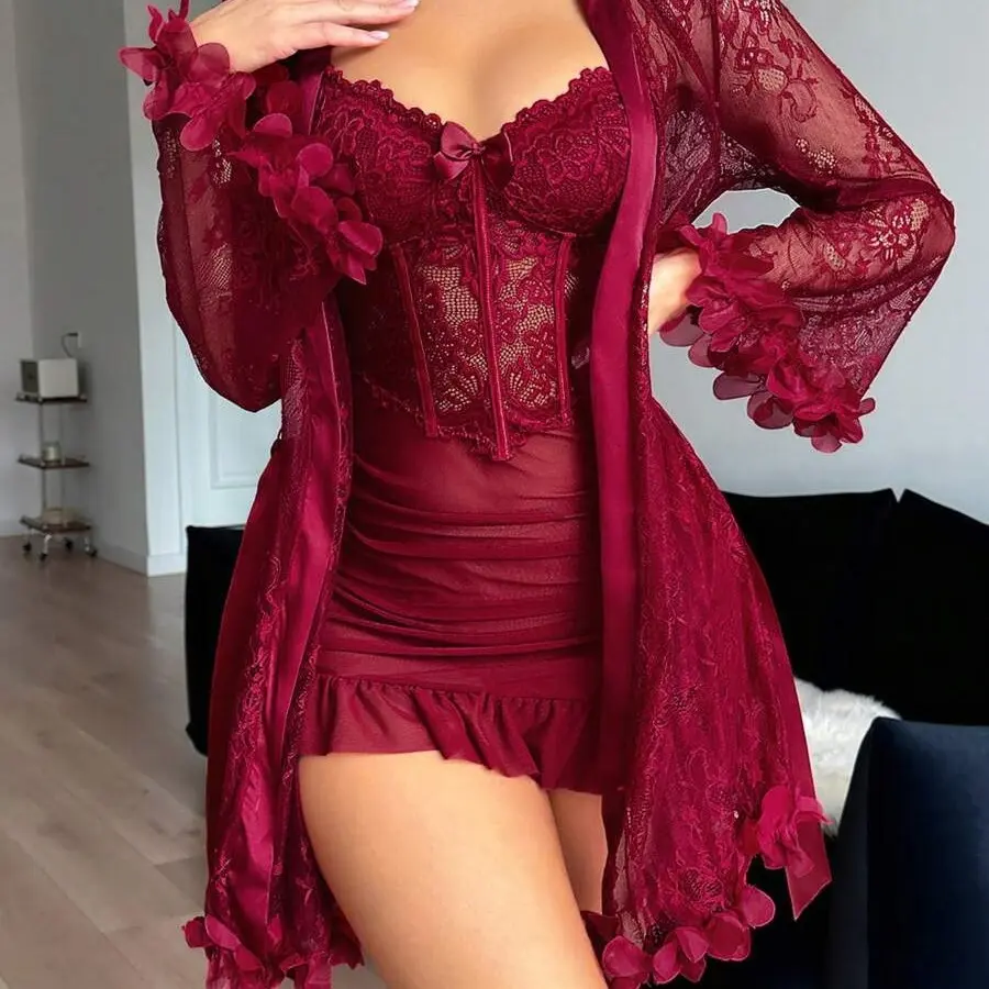 Women 2 Piece Lace Robe Set with 3D Floral Embellishments Sheer Cami Dress Panty for Bathing Dressing Gown