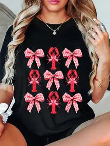 100% Cotton Cute Pink Bow Coquette Crawfish Clean Girl Aesthetic Lobster T-Shirt