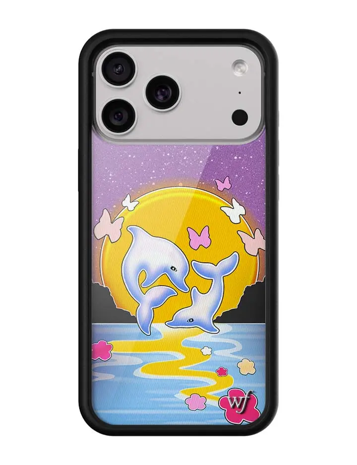 Dolphin Sunset | Limited Edition Trendy iPhone Case | Raised Protective Black Bumper | Women Owned Small Business | Vibrant Sunset Ocean Background Leaping Dolphins Pastel Butterflies | Safety Casing Protective | Gift for Her