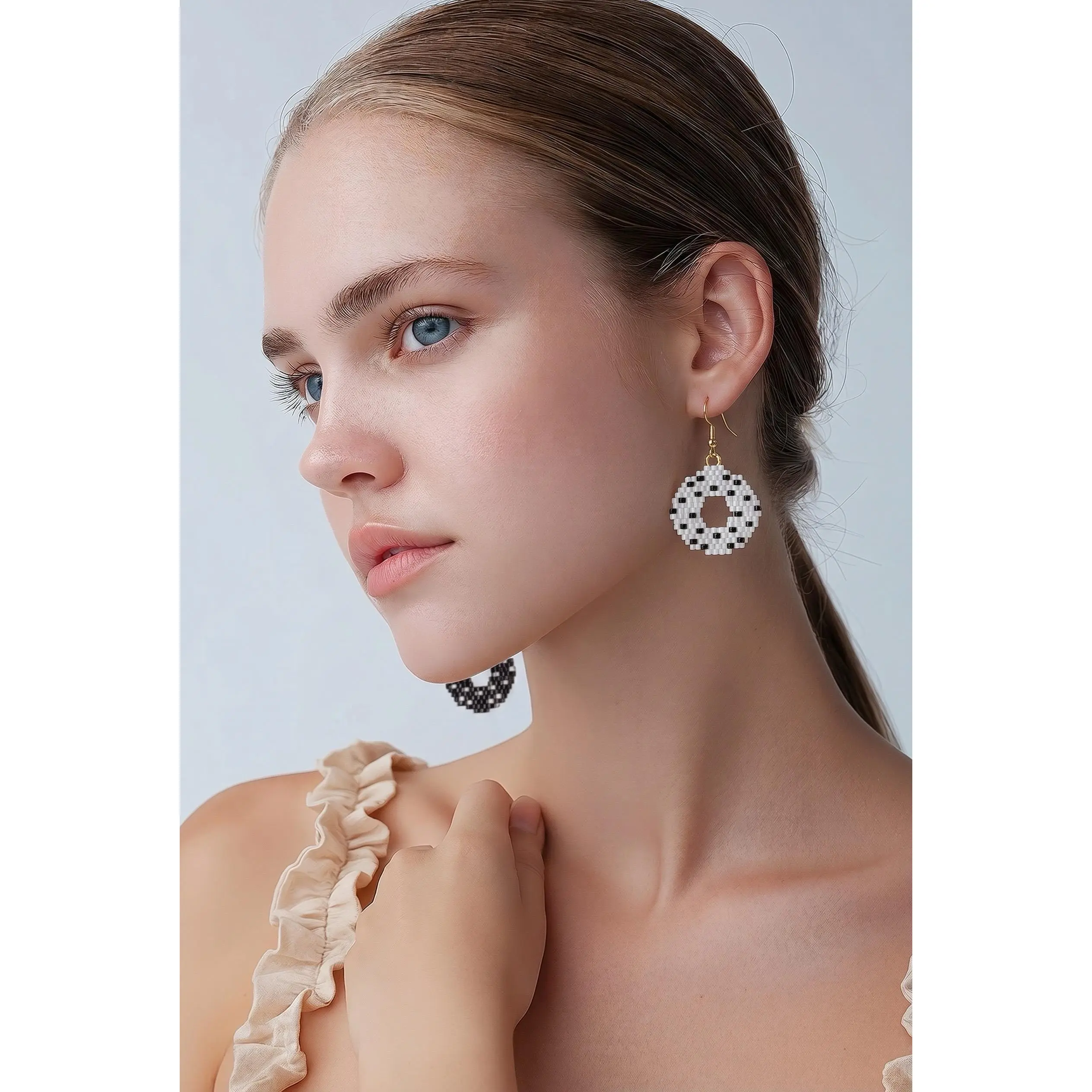 Black White Beaded Circle Earrings Minimalist Dangles