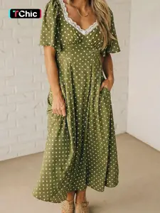 Hotapei Summer Polka Dot Print Lace Collar Elastic High Waist Long Dress, Women's Casual Fashion Womenswear, Perfect for Parties and Daily Wear