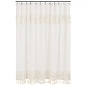Minimalist Boho Chic Solid Ivory Cream Macrame Fringe Knotted Tassel Decorative Bathroom Fabric Bath Shower Curtain Textured Off White Cotton Fringe Farmhouse Indie Neutral Rustic 72x72 Room Décor