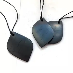 Set of 3 Natural Shungite Stone Leaf Necklace Pendants for EMF Radiation Protection Amulate Unisex pendant  crystal