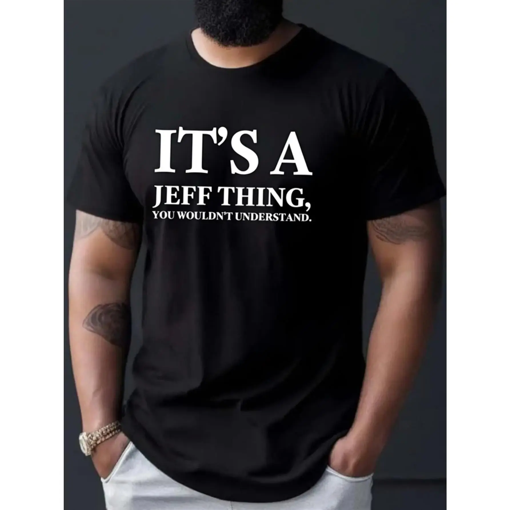 Men's Unisex Vintage Tshirt - 100% Soft Round Neck Short Sleeve Top, Black "IT'S A JEFF THING" Statement Print, Regular Fit Casual Streetwear Tee for Daily Wear & Outdoor Activities, All-Season