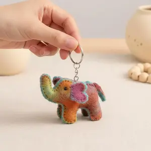 Handmade Rainbow Felted Wool Elephant Keychain: Good Luck Elephant Charm