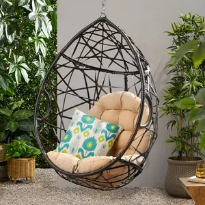 Marlin Hanging Egg Chair, Wicker Basket Swing, Waterproof Cushion, Indoor Outdoor Patio Furniture, Brown