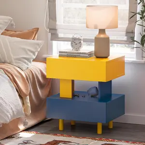 Modern Nightstand End Side Table with Large Storage Space Bedside Table for Bedroom Living Room and Playroom Yellow & Blue