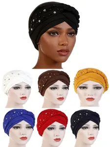 Style Knitted Patchwork Headscarf Hat, Single Side Beaded Rhinestone Whip Cap, Casual Loose-Fitting All Seasons, Hijab Turban, Scarf Head Wrap, Tignon Scarf
