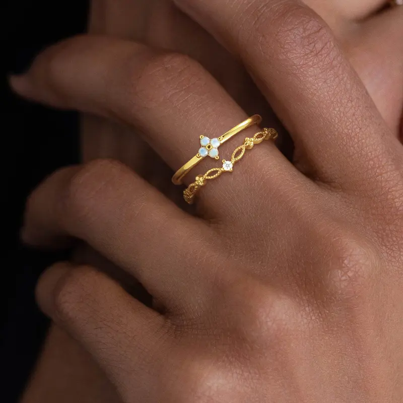 VENOCO Female 14K Antitarnish Plated Minimalist Gold-Tone Ring Stack - Dainty Cubic Zirconia Daily Promise Rings, Wedding Jewelry Gifts