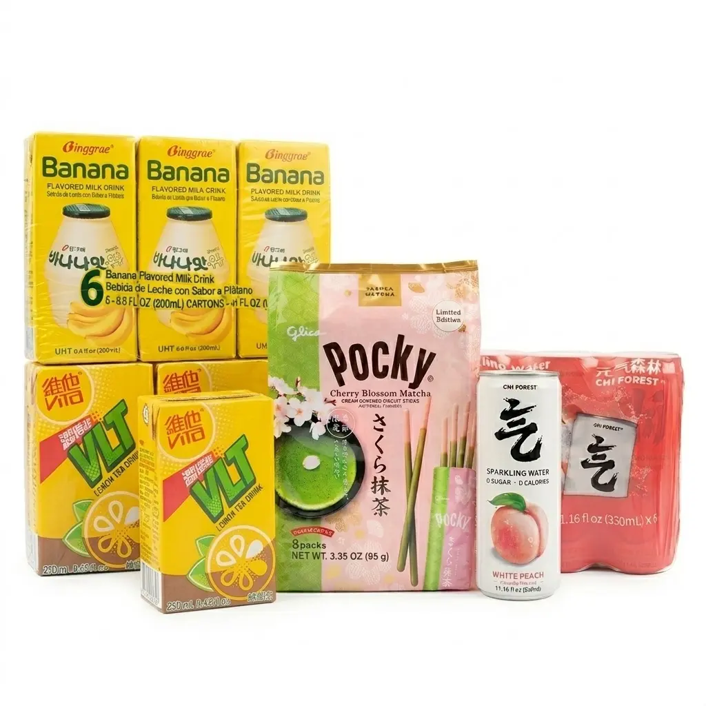 Asian Refreshment Party Pack: Peach Soda, Zesty Lemon Tea, Matcha Pocky & Sweet Banana Milk | Premium Exotic Snack & Drink Bundle