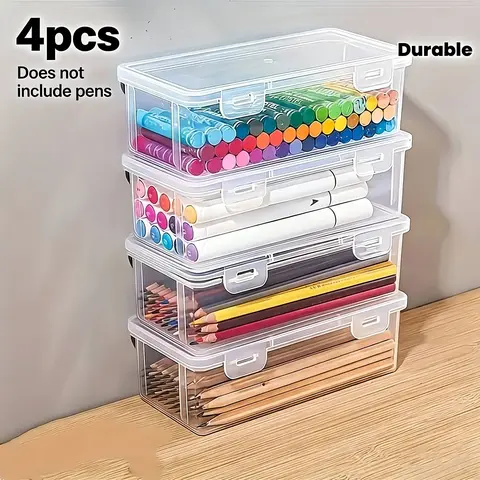 4-Piece Large Transparent Storage Box Set, Heavy-Duty Stackable Containers for Office & Art Supplies, Durable Plastic Material, Easy Carry Design, Clear Storage Box, Plastic Storage Bins, Clear Bins for Organizing