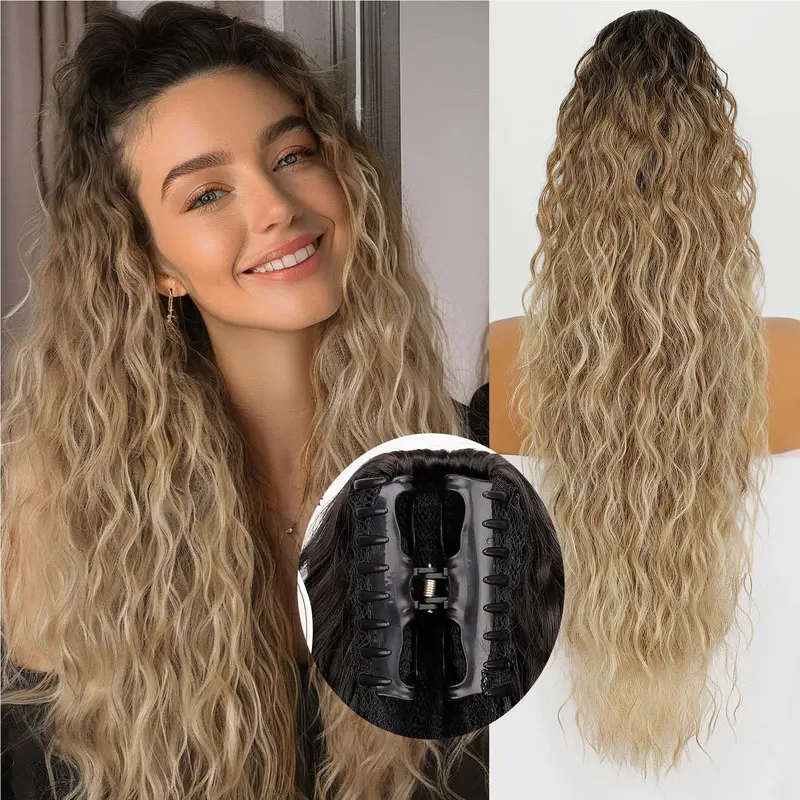 N NAYASA Women's 30" Synthetic Soft Hair Clip Ponytail Extension - Curly Wavy Ponytail, Bounce, Volume, Fluffy Natural Look, Secure Hold, Blonde, for Dating, Concert Clip Hair Extensions