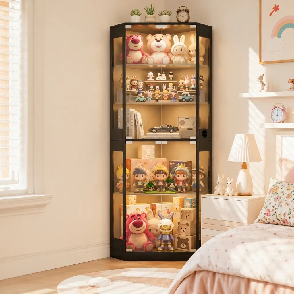 71" 5-Tier Black Lighted Corner Glass Curio Cabinet - Double Glass Doors, 3-Color LED Auto Light, Human Body Sensor, Adjustable Shelves, Charging Ports - Indoor Black Furniture for Storage Organization (Collectibles, Game Room)