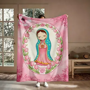 Our Lady Of Guadalupe Flannel Blanket, Cute Cartoon Virgin Mary Pink Flower Crown Soft Throw, Cozy Blanket For Couch Bed Living Room Decor, Baptism Gift For Her Mom Friend, Virgencita Religious Keepsake Home Decor