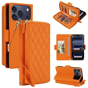 2026 New Small Perfume Grid Zipper Wallet Case for iPhone 17 Pro Max, PU Leather Fashion Phone Cover with Short Lanyard