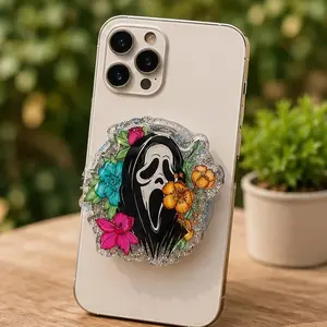 Floral Horror Movie Character Acrylic Phone Grip, 2D Glitter Phone Stand for All Smartphones