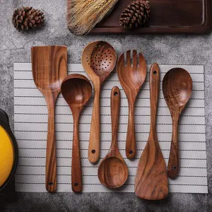 7pcs Natural Wood Utensil Set, Non-Stick Kitchen Spoons and Frying Pans, Perfect for Cooking and Serving, Ideal for Mother's Day