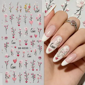 Spring Peach Branch Rose Embossed Nail Stickers, Plant Flower Design, Women's Nail Art, Glitter Finish, Seasonal Limited Edition, DIY Nail Decor