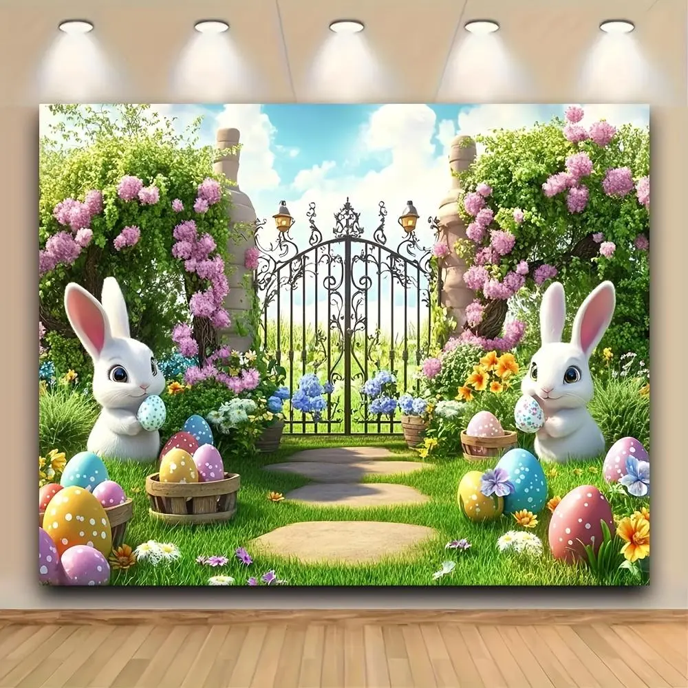 1PC Polyester 2D Flat Easter Theme Backdrop Cloth - Cute Bunny & Colorful Eggs Decoration for Children’s Parties, Birthday Parties, Photo Backdrops & Banners