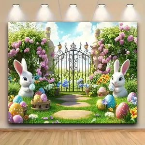 1PC,2D Flat Easter Theme Backdrop, Cute Bunny & Colorful Eggs Garden Party Decoration Cloth, Children's Birthday Party Photography Background Curtain, Festival Atmosphere Decoration Hanging Cloth, O