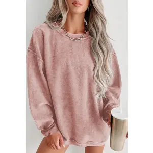 Solid Ribbed Knit Round Neck Pullover Sweatshirt