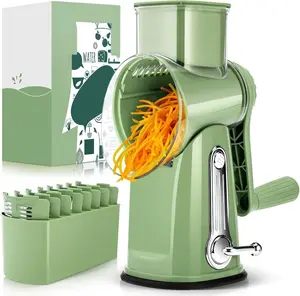 Rotary Cheese Grater with Handle - Vegetable Shredder with 5 Blades, Strong Suction Base, Round Mandoline Slicer & Blade Storage Box Kitchen Steel Stainless Utensils Curve Smooth