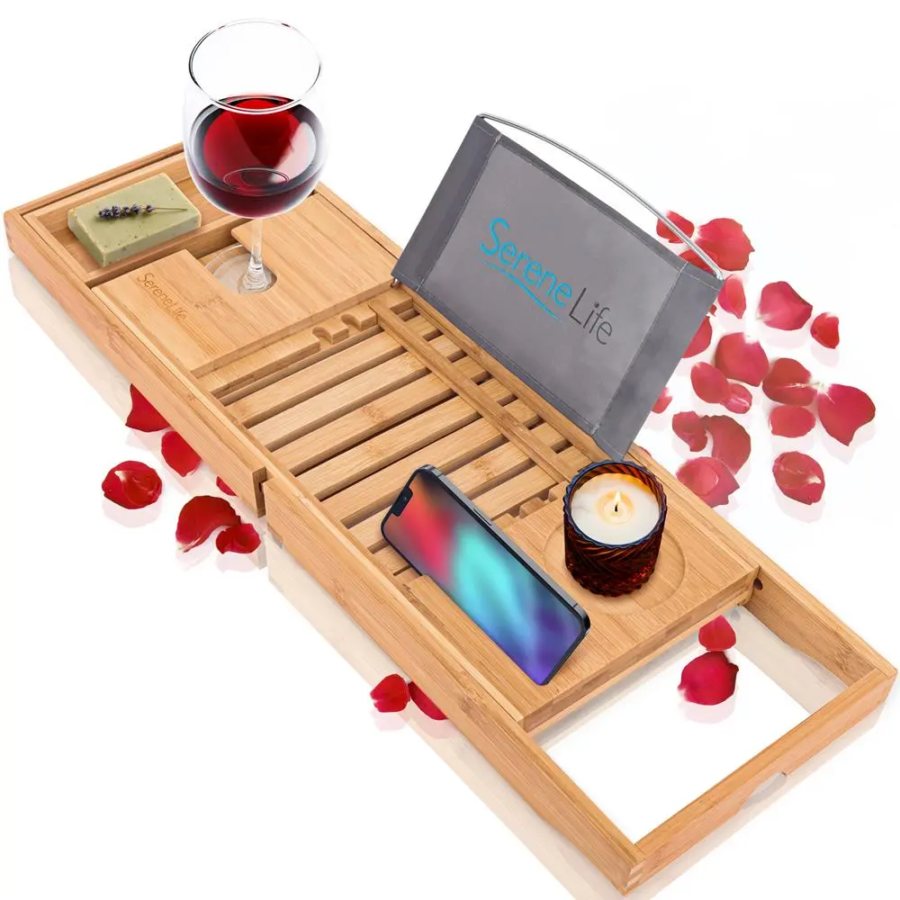 Natural Bamboo Wooden Bathtub Caddy Tray Set - Adjustable, Eco-Friendly Minimalist Bathroom Gadget with Wine Glass Holder, Soap Box, Portable Basin Bathtub Accessories, Water & Mold-Resistant Organizer for Relaxation, Spa Lovers