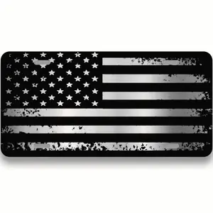 Black And Silver American Flag License Plate – Rustic USA Flag Decorative Car Tag, Patriotic Aluminium Front Plate For Truck, SUV, Or Car