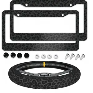 Black Leopard Cheetah License Plate Frames & Steering Wheel Cover 3Pcs Universal Aluminum Neoprene Car Accessories Car Decoration Fits Standard US CA Vehicles for Men Women