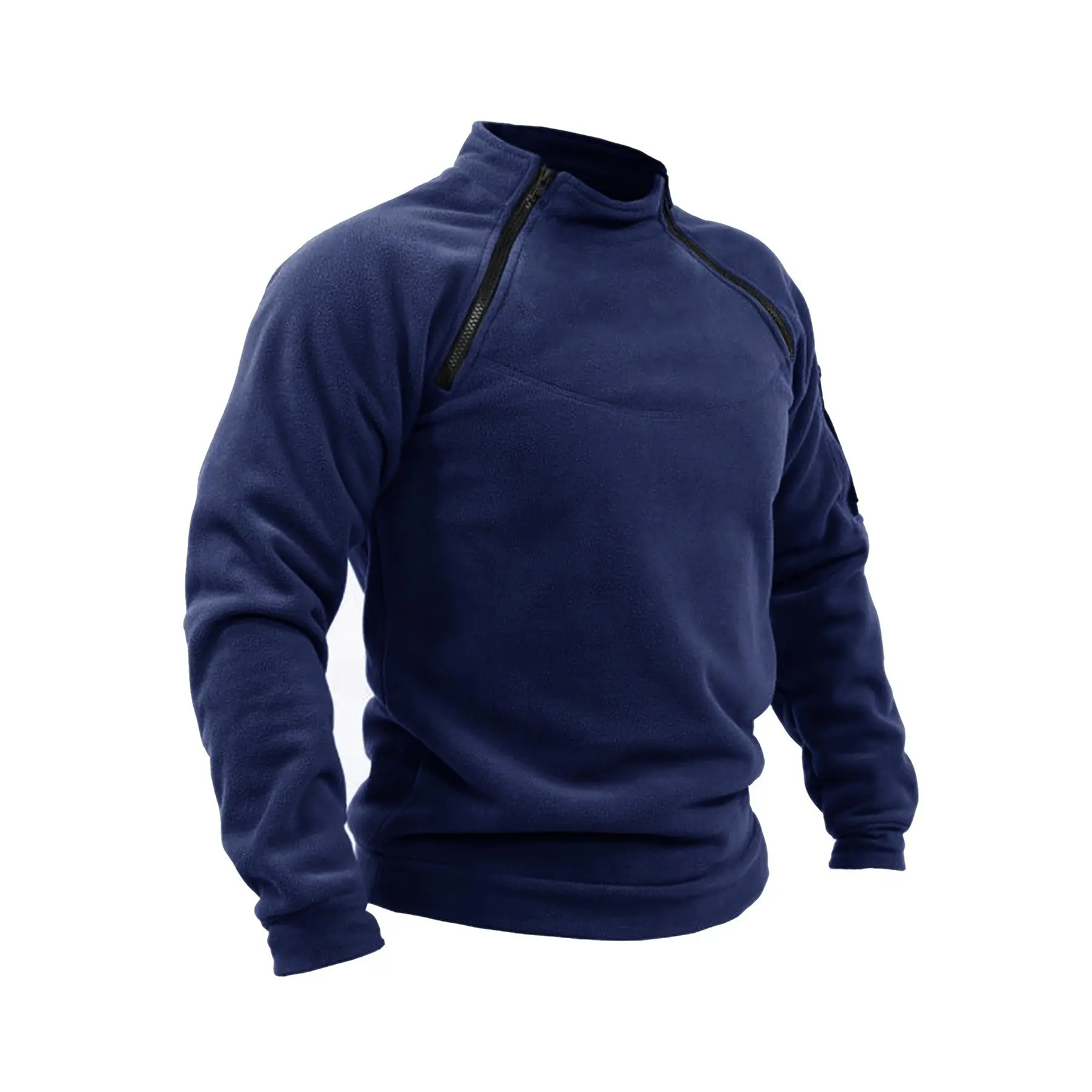 Men's Plain Long-Sleeve Solid Fleece Crewneck Sweatshirt with Zipper Detail - Winter Casual Menswear Top, Comfortable Stylish Essential for Outdoor & Daily Use, Longsleeves