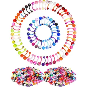 200 Pieces Belly Button Rings Piercing Multipack Belly Ring Button Banana Barbells Colorful Body Navel Barbell Acrylic Balls Steel Belly Body Piercing Jewelry