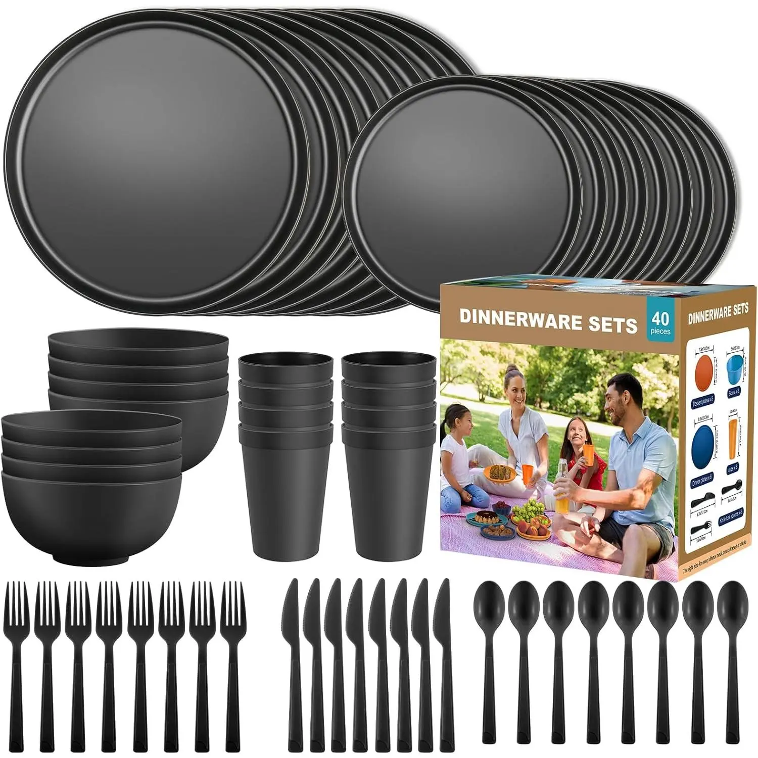 40-Piece Camping Dinnerware Set with Cutlery, Elegant Ceramic-Look Melamine-Alternative Tableware for RV & Camping, Service for 8, Unbreakable, Microwave Safe, Black