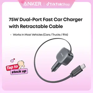 Anker USB-C Car Charger, 75W Max Fast Charging, Sleek and Compact Design with Retractable Cable, for iPhone 17 / 16 / 15 Series, Samsung S24 / S23, MacBook, and More